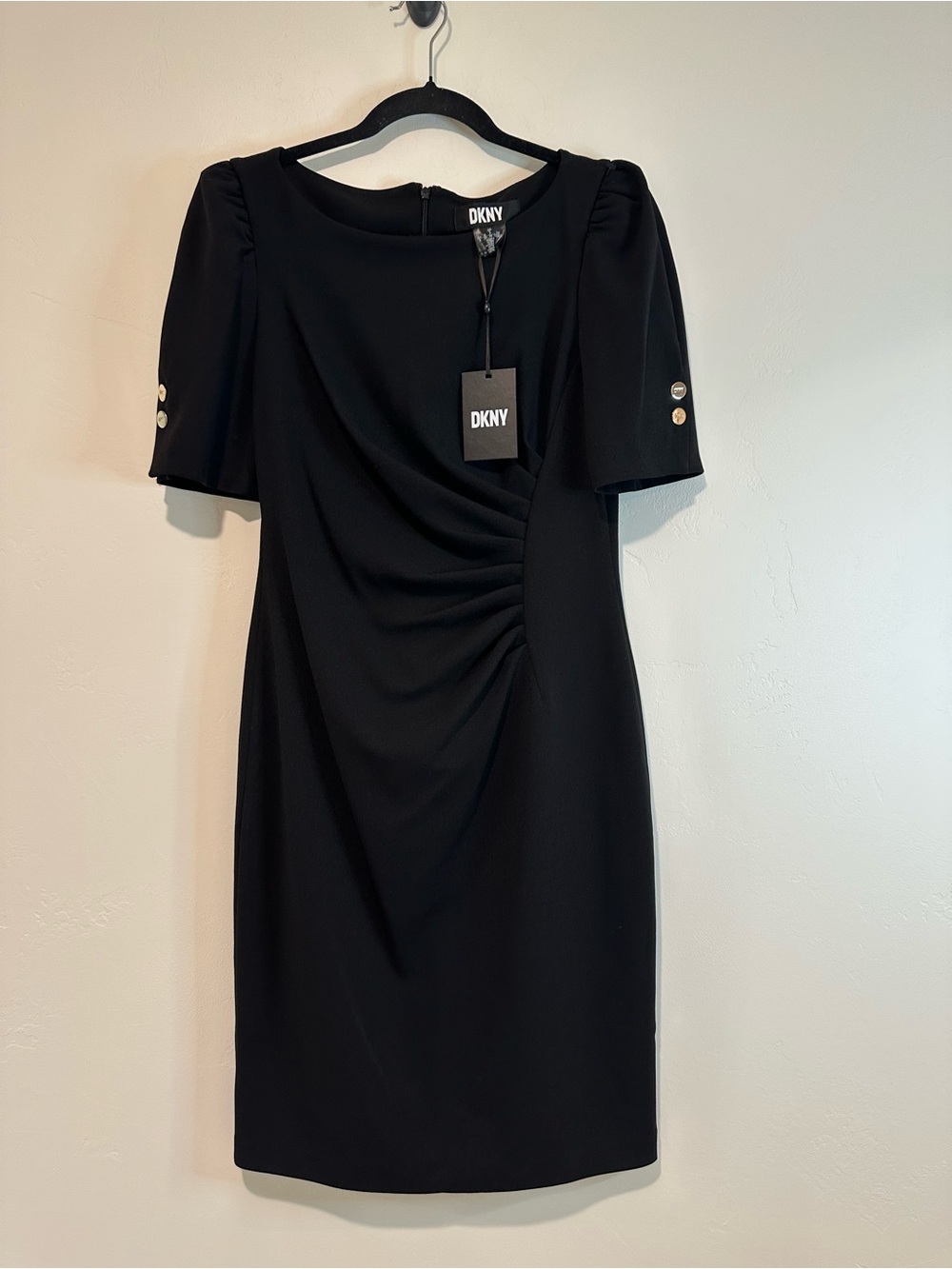 DKNY Black Ruched Sheath Dress NWT Size 6 Puff Sleeve Career Cocktail - Picture 3 of 11